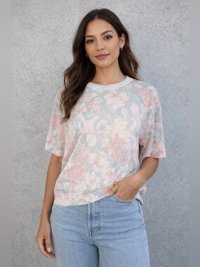 ZARA Floral Top L NWT Pastel Short Sleeve Lightweight